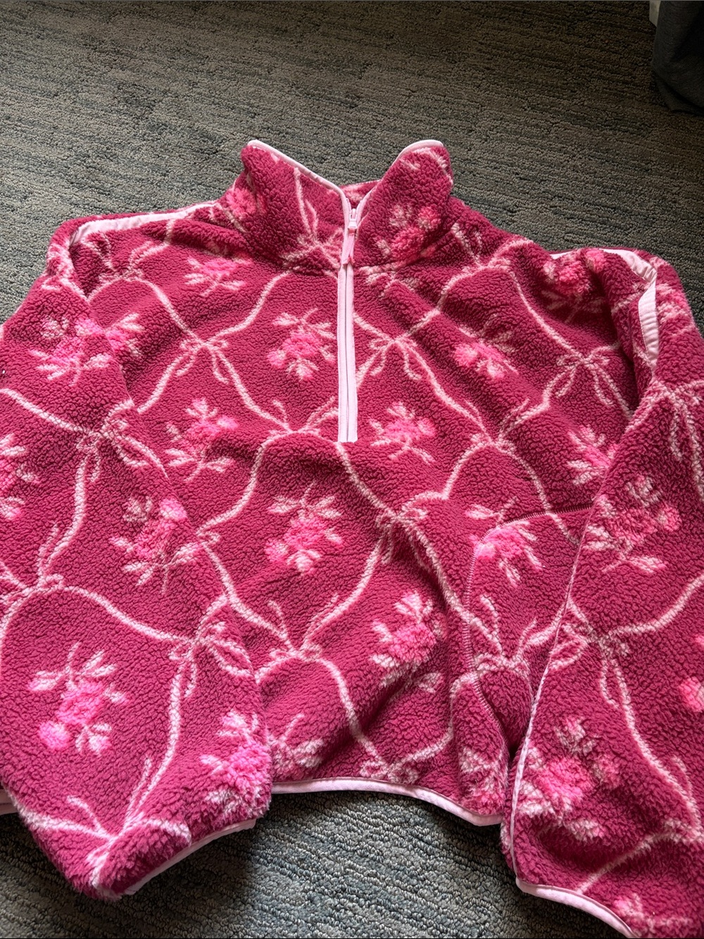 Old Navy Pink Floral Teddy Quarter-Zip Pullover